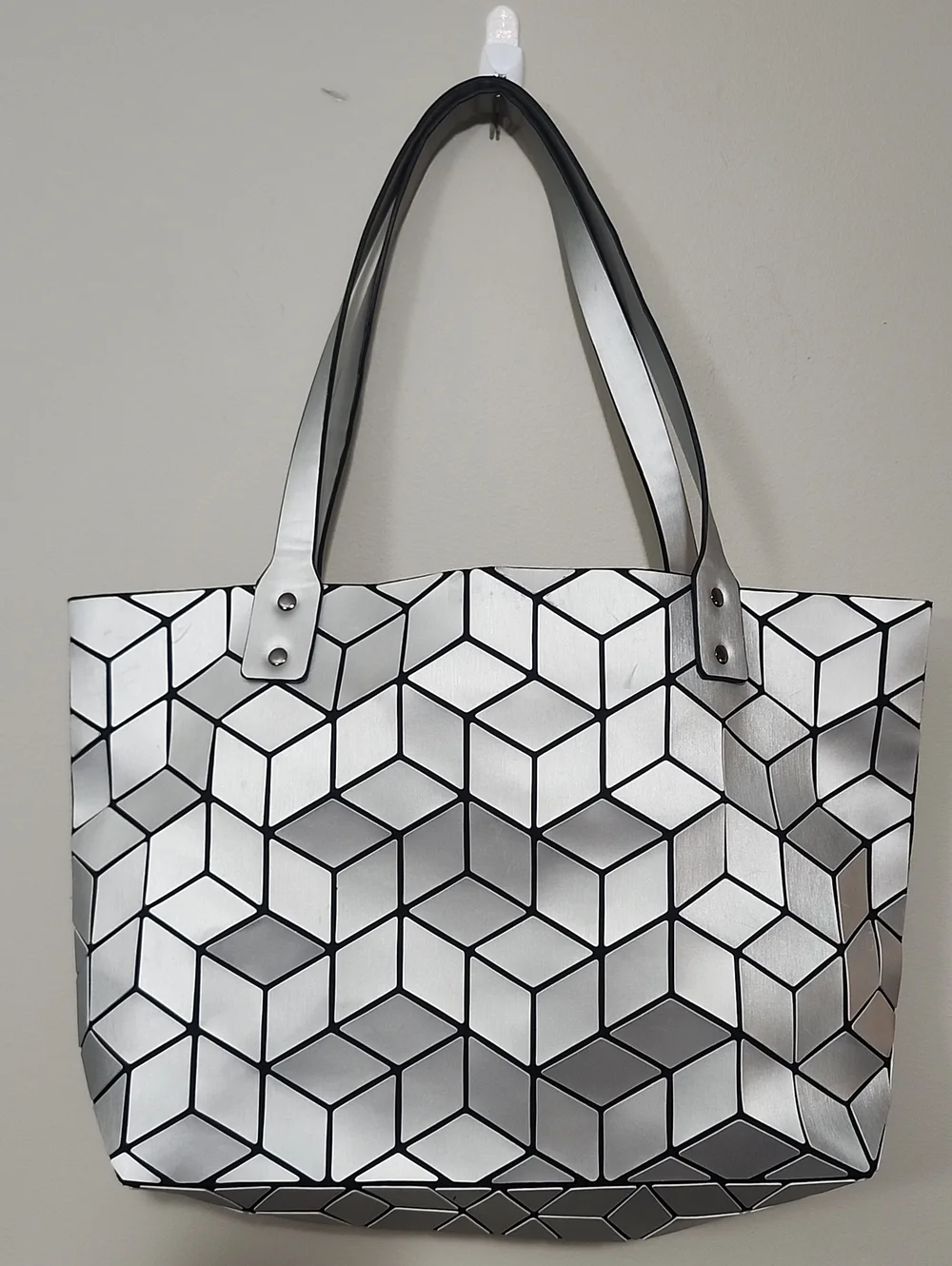 Emilio Pepe Matte Silver Geometric 3D Cube Tote Bag Holographic Furturistic Spac